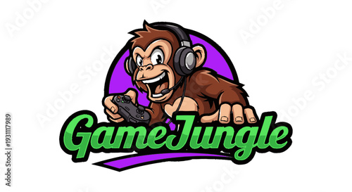Cartoon Monkey Wearing Headphones Gaming.