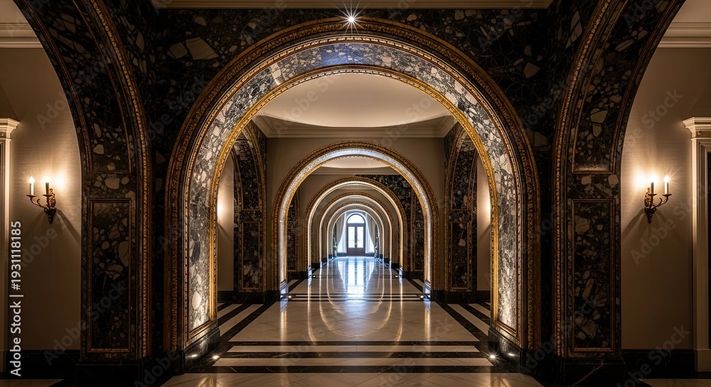 Naklejka premium Ornate Archway Corridor with Light at the End