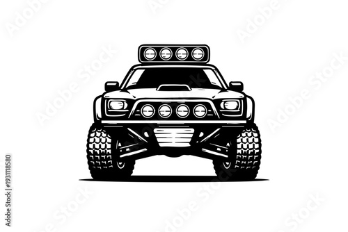 Front view of a desert rally vehicle with symmetrical composition, wide stance