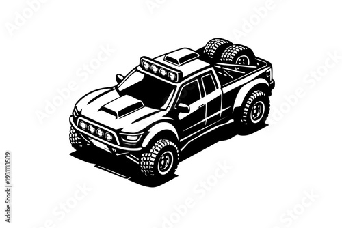 Isometric view of a desert rally vehicle showing chassis geometry, wide body kit