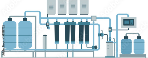 Isometric industrial water filtration system with storage tanks, membrane filters, control panel, pipelines, and purification equipment illustration
