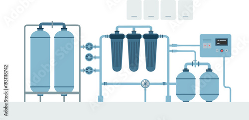 Isometric industrial water purification system with filtration tanks, cartridge filters, pipelines, pressure gauges, and automated control unit