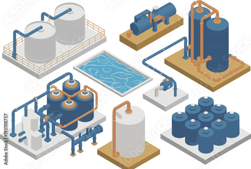 Isometric industrial water treatment facility illustration with storage tanks, filtration units, pipelines, pumps, reservoirs, and wastewater processing system