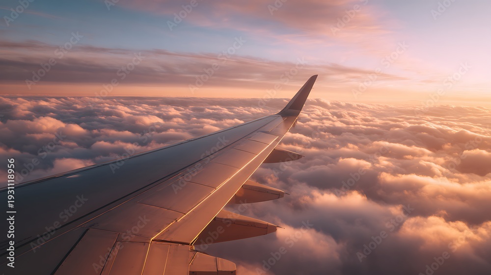Fototapeta premium Close-up of an aircraft wing soaring above dense layers of white, fluffy clouds illuminated by the setting sun's warm glow.