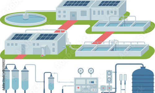 Isometric sustainable wastewater treatment plant with solar panels, filtration systems, settling tanks, control equipment, and water recycling infrastructure