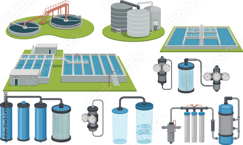 Isometric wastewater treatment plant illustration featuring clarifiers, sedimentation basins, filtration cartridges, storage tanks, and advanced water purification systems