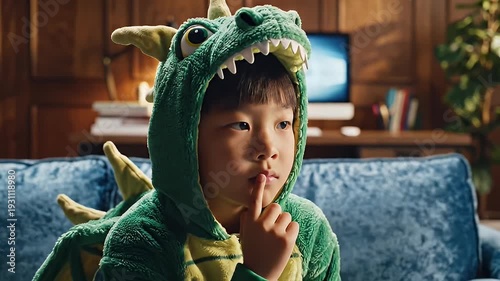 Young boy in dragon costume making a shushing gesture on a couch.