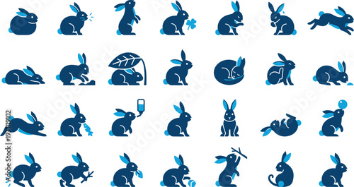 Bunny Set of 30 Blue Rabbit Vector Icons in Various Poses Actions