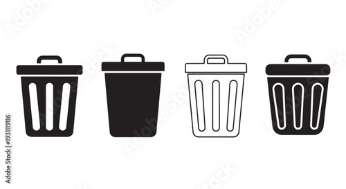 Black and White Trash Bin Icon Set, 4 Minimal Styles - Flat Can, Solid Silhouette, Thin Outline, Rounded Design