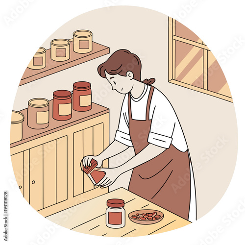 Woman in apron preparing food in kitchen with jars