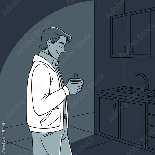 Man enjoying a hot beverage in the kitchen