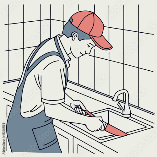 Man sharpening kitchen knife at sink