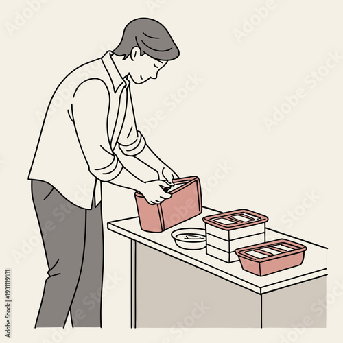 Father organizing lunch boxes on a table