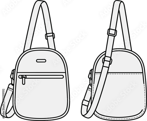 Minimalist crossbody sling bag front and back view technical flat sketch design with adjustable strap, zipper pocket, and clean outline illustration