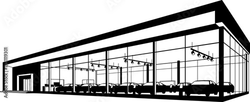 Modern car showroom silhouette illustration, glass automotive dealership interior with vehicles on display, contemporary architecture black vector design isolated on white background