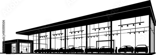 Modern car showroom vector illustration, glass facade automobile dealership building with parked vehicles, minimalist black silhouette architecture design isolated on white background