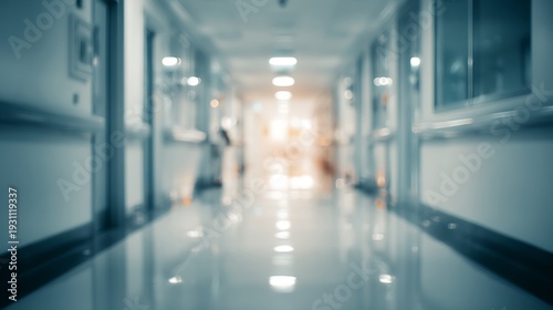 Wallpaper Mural Blurred view down a brightly lit, narrow hospital corridor showing reflections on the shiny floor and multiple closed doors suggesting a busy but empty medical facility. Torontodigital.ca
