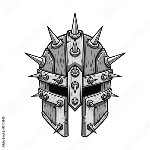 Spiked Barbarian Warrior Helmet Vector Illustration. Dark Fantasy Medieval Knight Headgear. Aggressive Battle Armor Icon.
