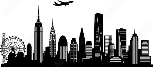Modern city skyline silhouettes with airplane flight, skyscrapers and landmarks panorama, black vector illustration for urban travel, tourism, architecture, business concepts
