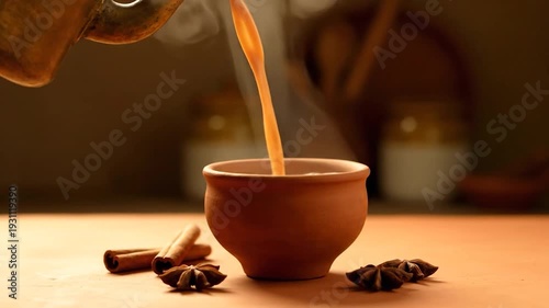 Pouring hot chai tea into a traditional clay cup with steam rising, surrounded by cinnamon sticks and star anise on a wooden table, creating a warm and inviting atmosphere.