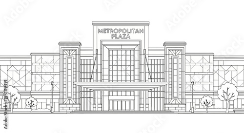 Architectural line art illustration of the Metropolitan Plaza building facade.