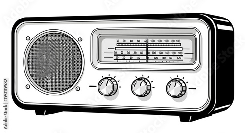 Vintage Radio Receiver Black and White Illustration Classic Broadcast Device.