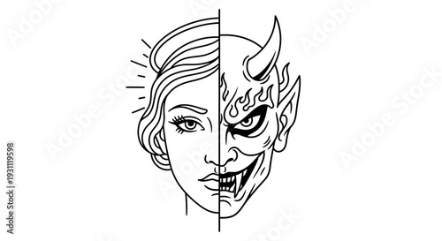 Angel and Devil Faces Split in Half Illustrating Duality.