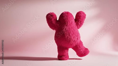 A fuzzy pink character dances with joy on a soft pink background.