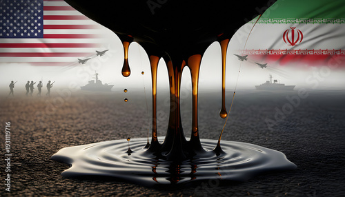 Crude oil spilling in the foreground shows its importance as a vital resource and a source of economic and political conflict. Flags of the United States and Iran in the background in a war setting.