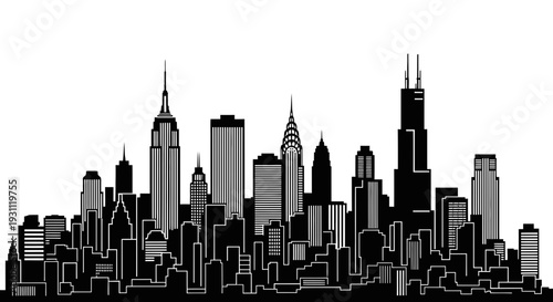 Stylized Black and White Cityscape Silhouette with Prominent Skyscrapers.