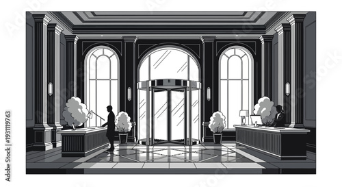 Elegant hotel lobby with revolving doors and reception desks.