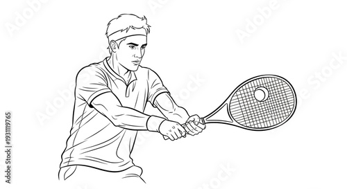 Tennis Player Concentrating on Forehand Stroke in Detailed Line Art.