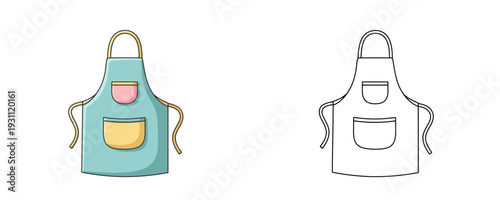 Kitchen apron shown in colored cartoon and black outline versions using turquoise and yellow colors representing a protective garment for cooking isolated on a plain white background
