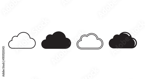 Black and White Cloud Icon Set, 4 Minimal Styles - Flat, Solid Silhouette, Thin Outline, Rounded Design