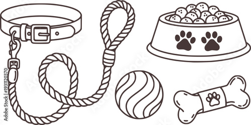 Hand-drawn pet care icon set including bone, food bowl, leash, and collar. Minimalist black and white doodle style vector illustration.
