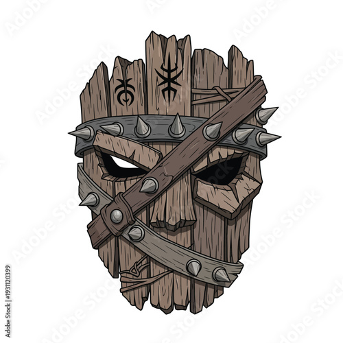 Spiked Tribal Wooden Mask with Mystic Symbols - Ancient Voodoo Spirit Warrior RPG Game Asset Design