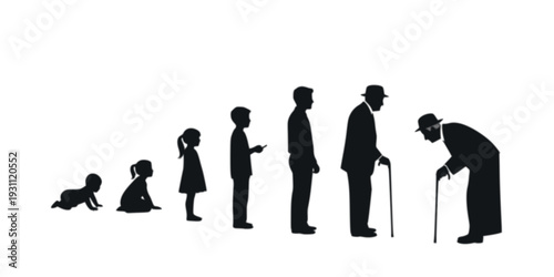 Human life stages from infancy to old age silhouette progression.
