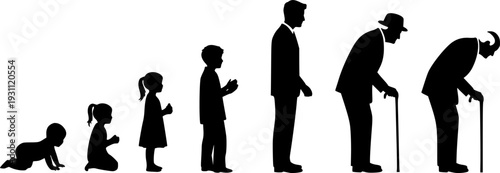 Human life stages from infancy to old age silhouette progression.
