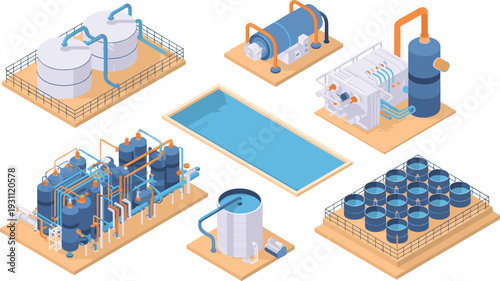 Isometric water treatment plant illustration with industrial tanks, filtration systems, pipelines, reservoirs, and wastewater purification processing equipment layout