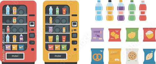 Modern Vending Machines with Snacks and Beverages Illustration Featuring Soda Bottles, Chips Bags, Candy Packs, and Convenience Food