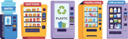 Modern Vending Machines Collection Featuring Water, Fast Food, Plastic Recycling, Healthy Eating and Milk Products Illustration