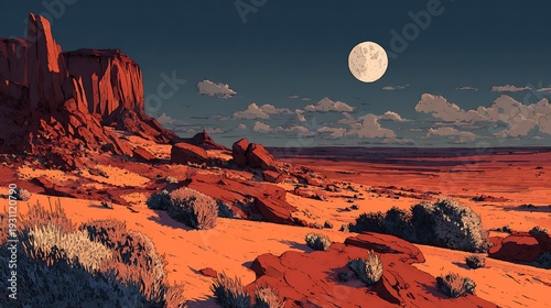 Barren desert canyon illuminated by a large, pale full moon at twilight.