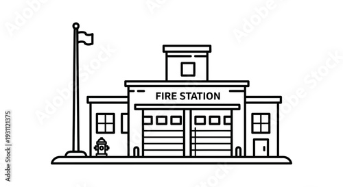 Simple Line Drawing of a Fire Station Building with Flagpole.