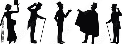 Victorian silhouettes set with elegant lady gentlemen top hat cane vintage fashion characters retro style vector illustration collection isolated design pack