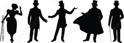 Victorian era silhouettes set with gentlemen lady top hat cane vintage fashion characters retro style vector illustration collection isolated design pack