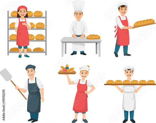 Professional bakers characters set with fresh bread, bakery tools, uniforms, and artisan pastry chef illustration collection