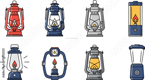 Vintage lantern icons set with camping oil lamp hurricane light kerosene lantern flashlight vector illustration collection isolated outdoor equipment design pack