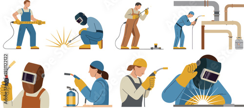 Professional welders and industrial workers cutting metal pipes vector illustration set, construction fabrication workshop safety equipment concept scene