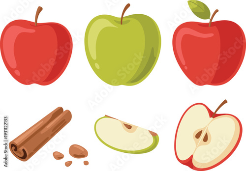 Red and green apple vector illustration collection with whole fruits, sliced halves, seeds and cinnamon sticks isolated