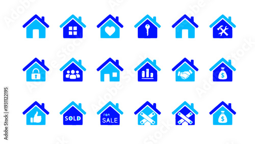 Creative real estate house logo and property icon collection in modern flat style. Includes home symbols with sale sign, key, shield, and realty elements.
